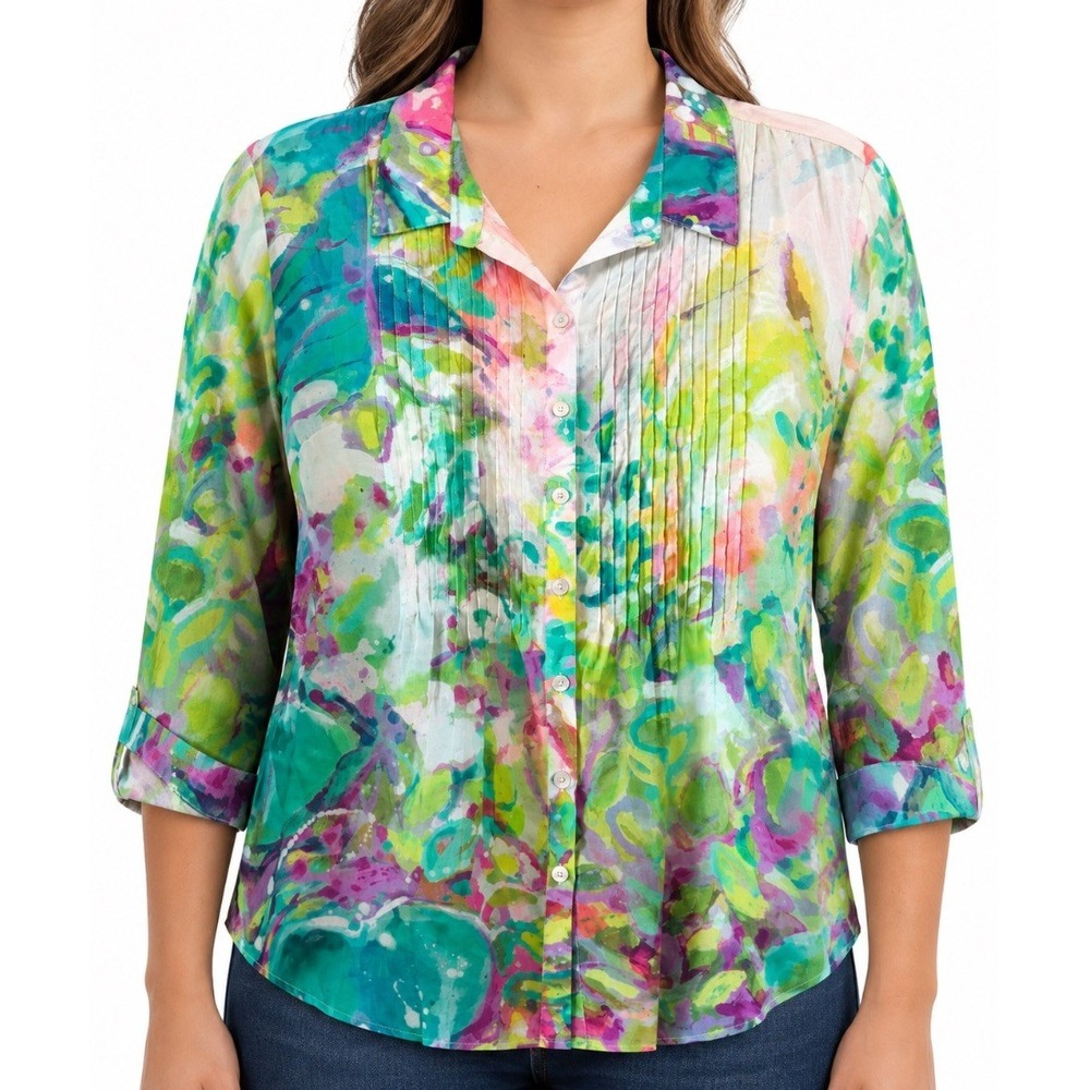 Claire Desjardins Womens Blouse XL Multicolor Abstract Print Pintuck Button Up